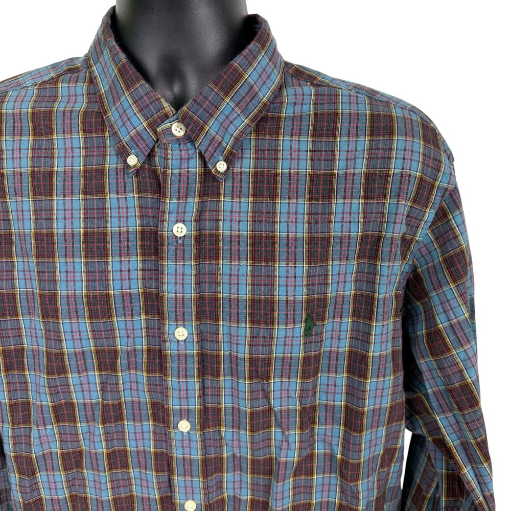 Ralph Lauren Plaid Button Down Shirt Long Sleeve Men's XXL Blue Burgundy Yellow‎